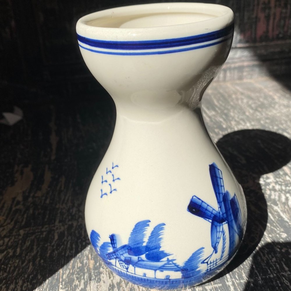 Vintage Delft Blue and White Windmill Ship Pattern Bulb Vase